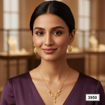 Elegant gold-plated necklace set with matching dangle earrings, priced Rs. 3950