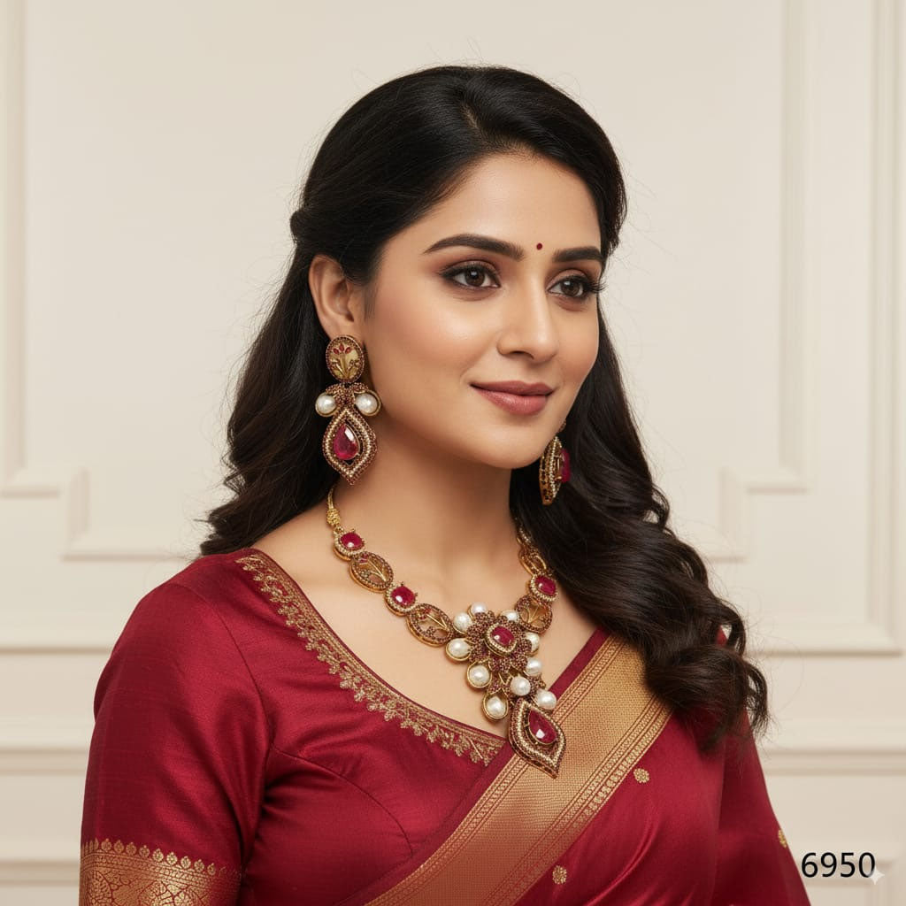 Traditional Pearl & Stone Necklace Set - RS 6950