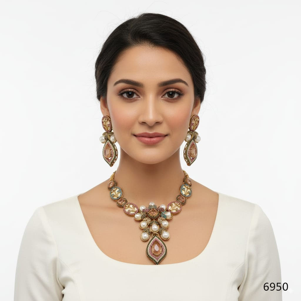 Traditional Pearl & Stone Necklace Set - RS 6950