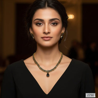 Statement black and gold necklace with matching earrings for evening wear, priced Rs. 2250