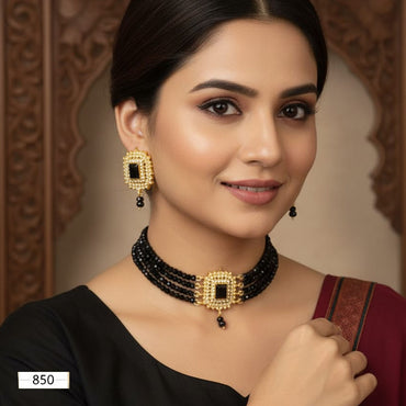 Traditional multi-layer gold plated choker with matching stud earrings, priced Rs. 850