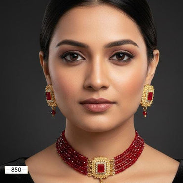 Traditional multi-layer gold plated choker with matching stud earrings, priced Rs. 850