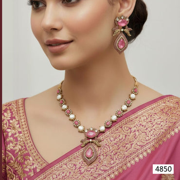 Traditional Gold Plated Necklace with Dangle Earrings