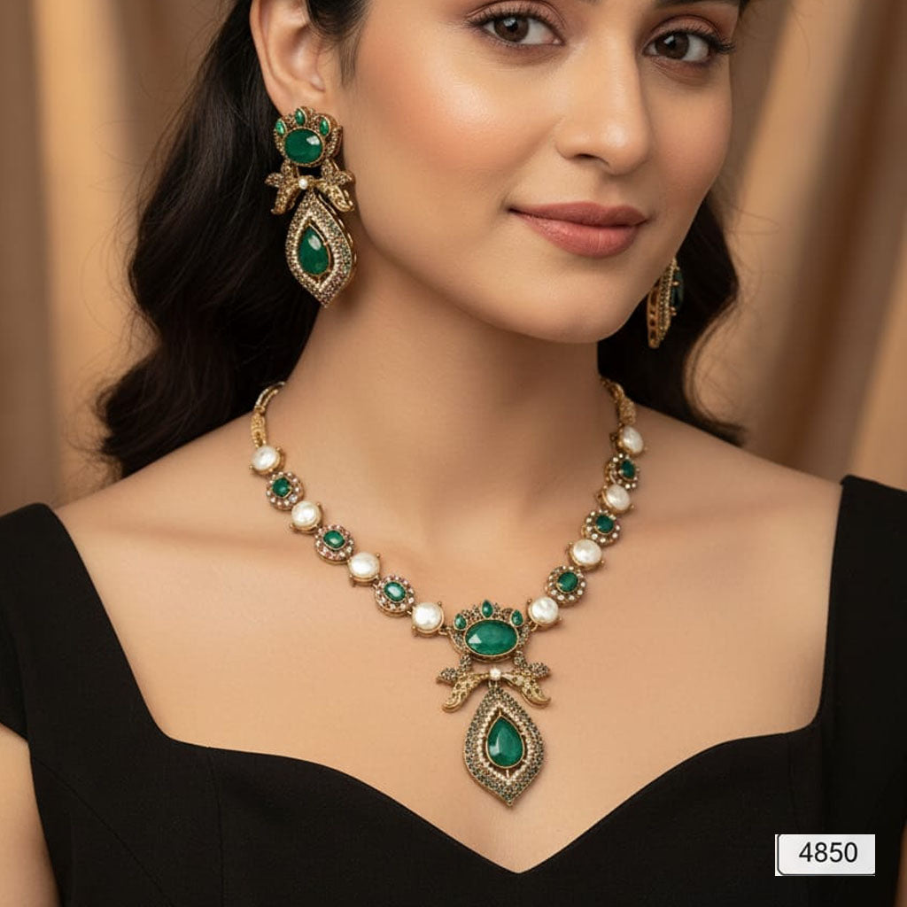 Traditional Gold Plated Necklace with Dangle Earrings