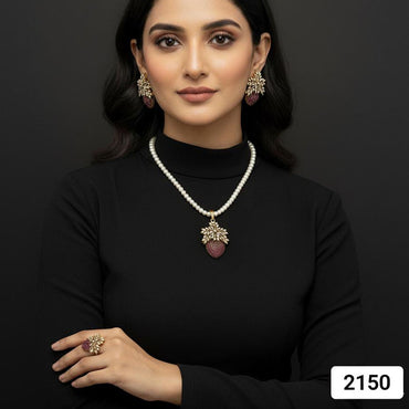 Pearl necklace with multicolored stone pendant and matching earrings, priced Rs. 2150