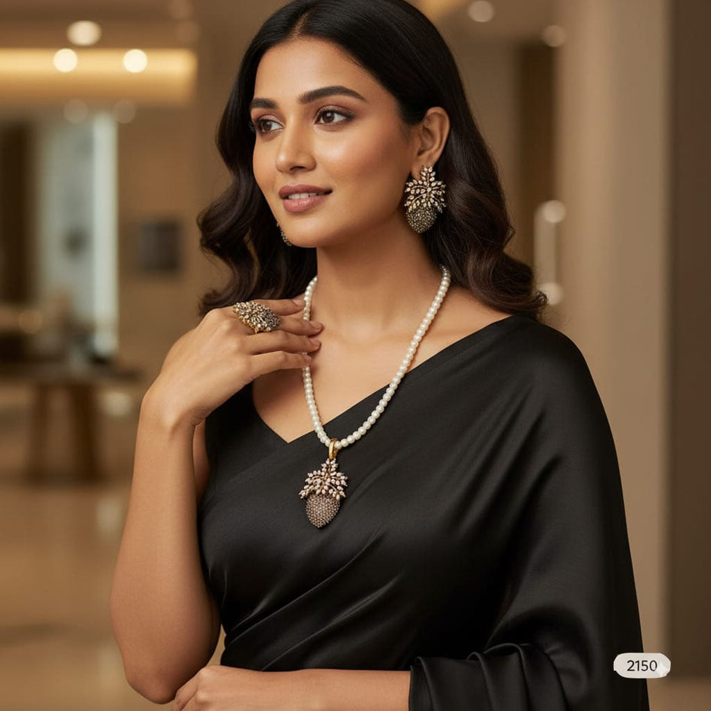 Pearl necklace with multicolored stone pendant and matching earrings, priced Rs. 2150