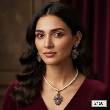 Pearl necklace with multicolored stone pendant and matching earrings, priced Rs. 2150