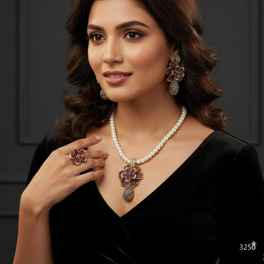 Elegant gold-plated necklace with tassel earrings for women, priced Rs. 3250