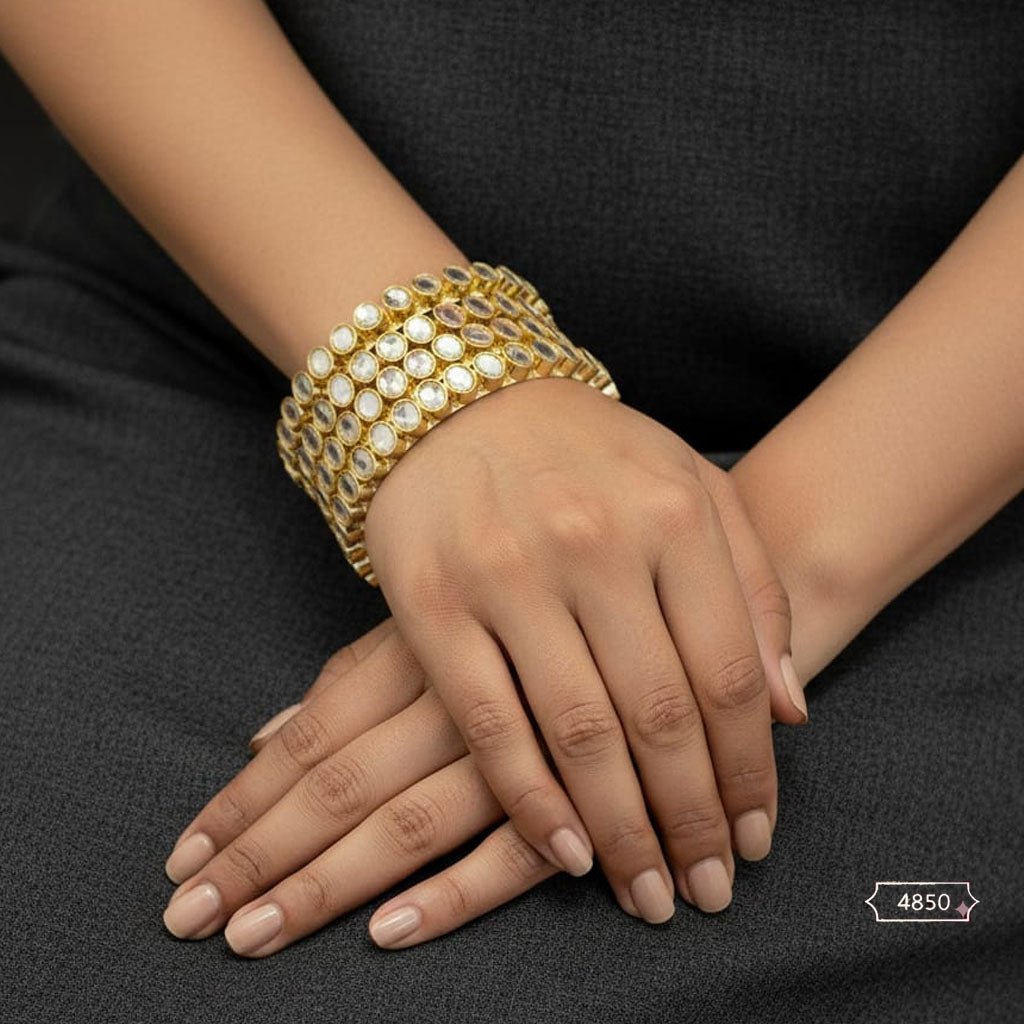 The Royal Kundan Bangle Stack with gold plating and Kundan stones, priced Rs. 4850