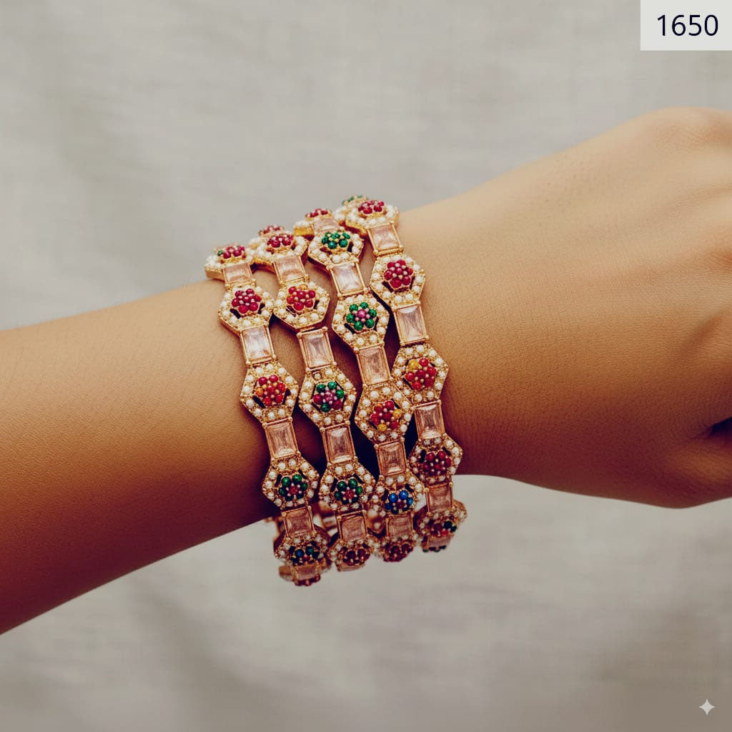 Rhinestone hexagon bangle set with unique geometric design, priced Rs. 1650
