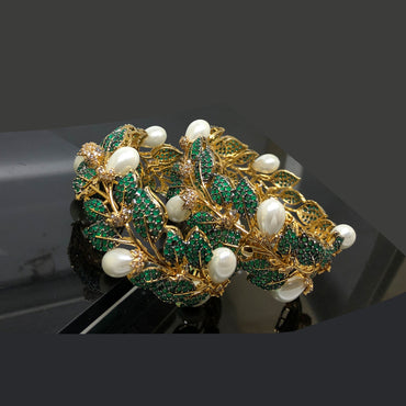 Elegant Pearl  Crystal Gold Bangles Set