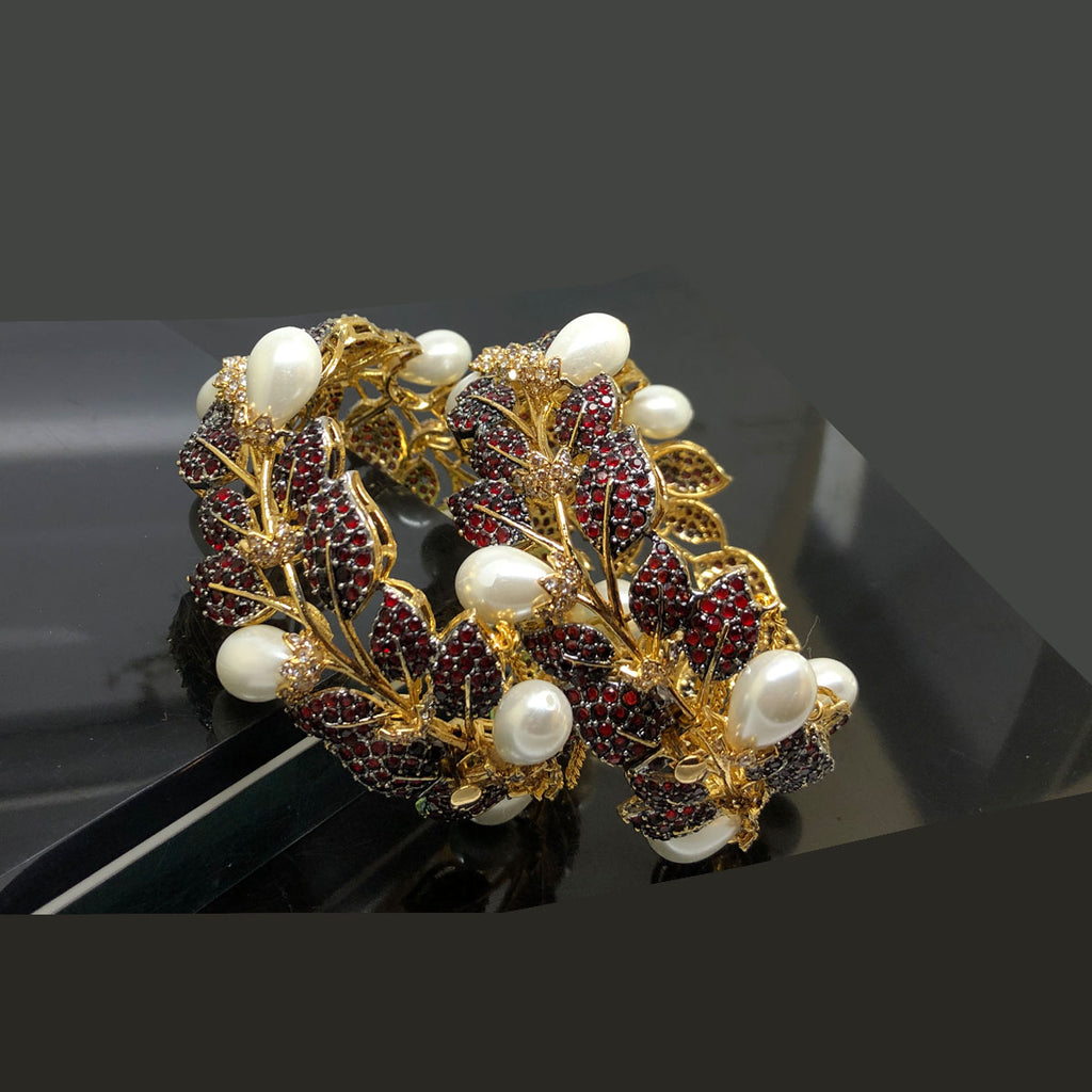 Elegant Pearl  Crystal Gold Bangles Set