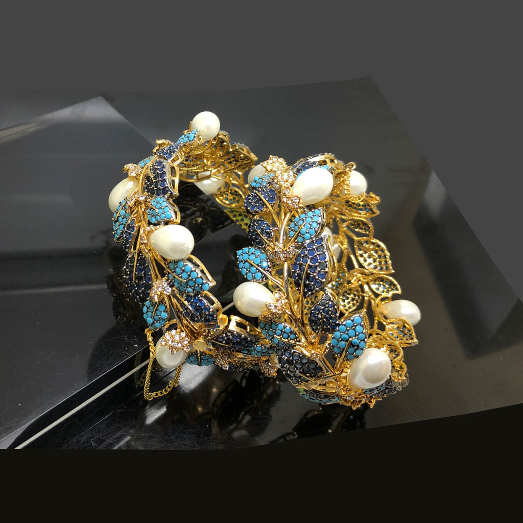 Elegant Pearl  Crystal Gold Bangles Set