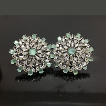 Floral Burst Mint Green American Diamond Stud Earrings