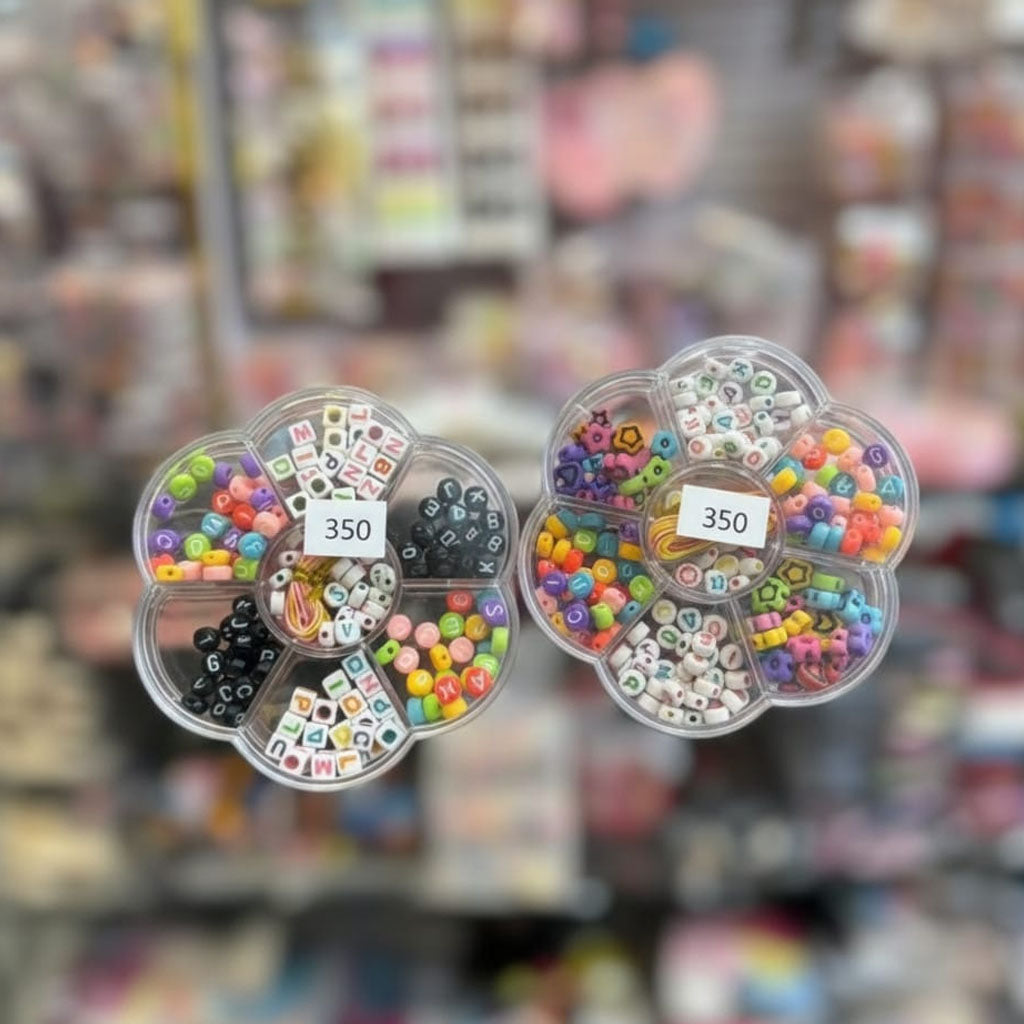 Customizable letter bead jewelry kit with colorful beads and alphabet letters, priced Rs. 350