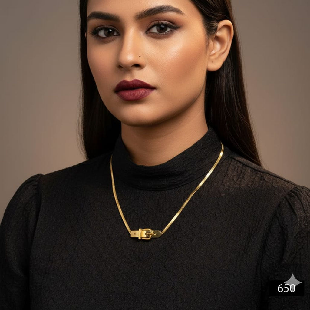 Gold buckle snake chain necklace with a modern chic design, priced Rs. 650