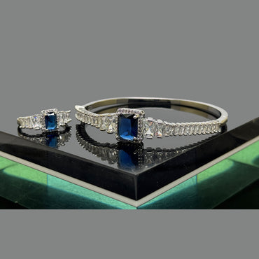 Silver-Plated Blue Sapphire Bracelet & Ring Set – Luxury Zircon Jewelry