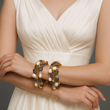 Elegant Pearl  Crystal Gold Bangles Set