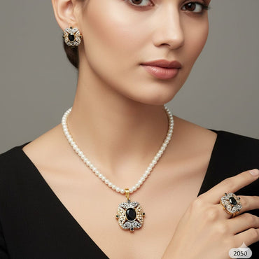 Luxurious single-strand pearl choker with statement centerpiece and matching earrings, priced Rs. 2050