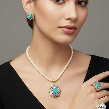 Luxurious single-strand pearl choker with statement centerpiece and matching earrings, priced Rs. 2050
