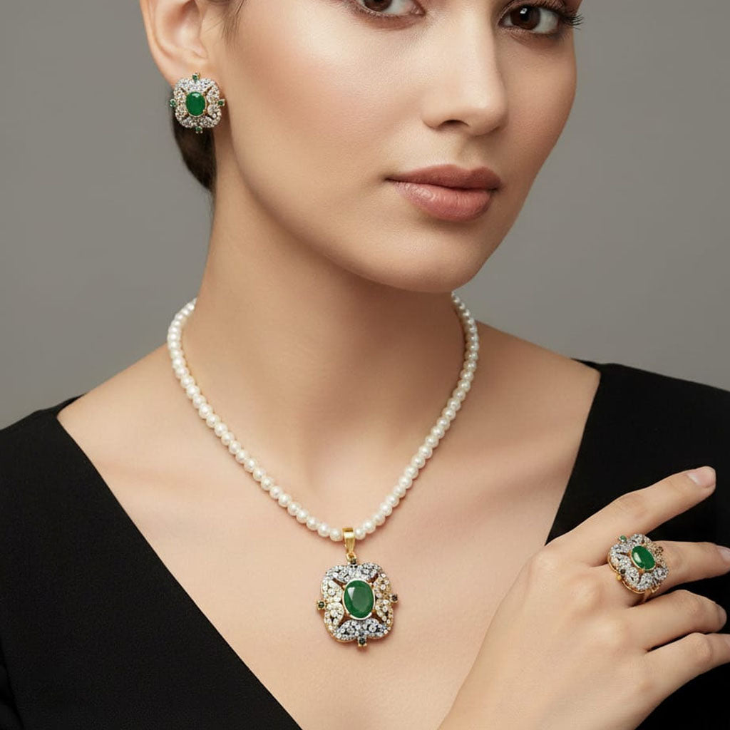 Luxurious single-strand pearl choker with statement centerpiece and matching earrings, priced Rs. 2050