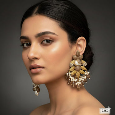 Gold-Tone Leaf & Crystal Drop Earrings – Rs. 2250