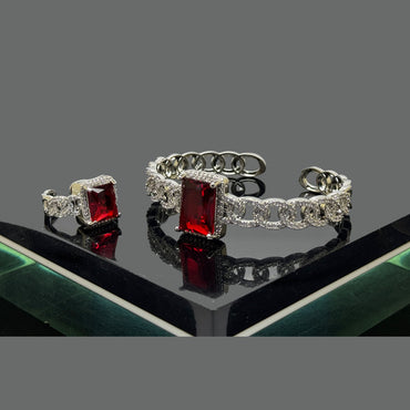 Luxury Gold And Silver-Plated Ruby Bracelet & Ring Set - Elegant Zircon Jewelry