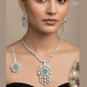 American Diamond & Emerald Mandala Necklace Set – Rs. 3950