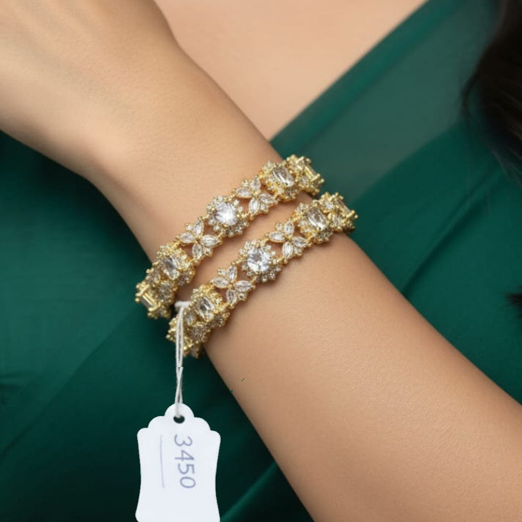 Heirloom-Style CZ Floral Wreath Design Wide Bangle Pair - Rs 3450