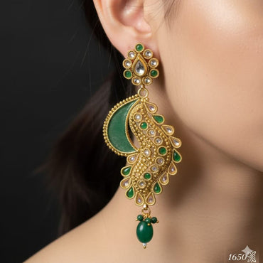 Antique Gold Peacock Velvet Earrings – Rs. 1650