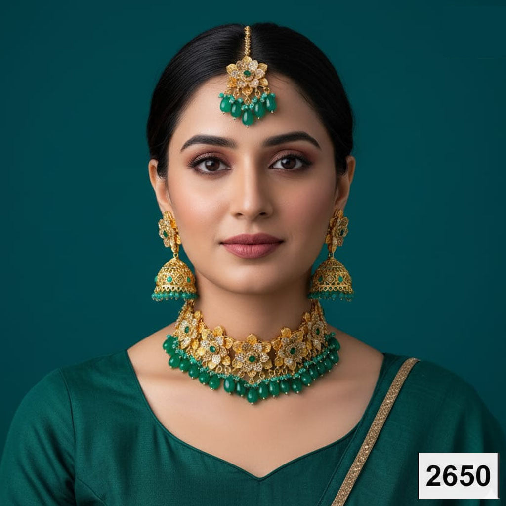 Regal Floral & Green Bead Bridal Set – Rs. 2650