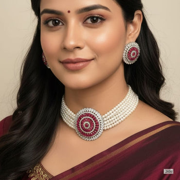 Classic Pearl Choker Set with Ruby & CZ Center – Rs. 2650