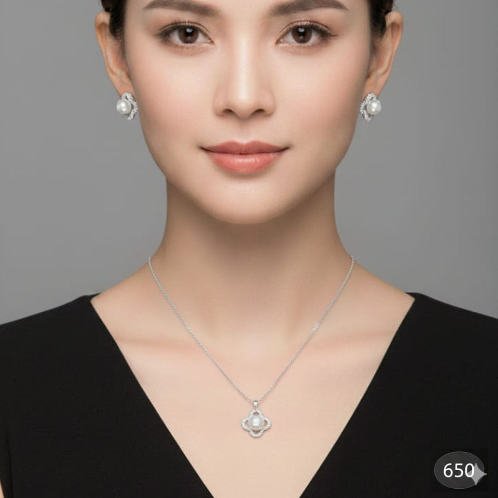 Sterling Silver Quatrefoil Necklace & Pearl Studs – Rs. 650