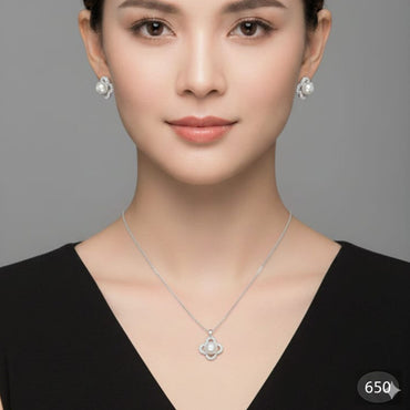 Sterling Silver Quatrefoil Necklace & Pearl Studs – Rs. 650