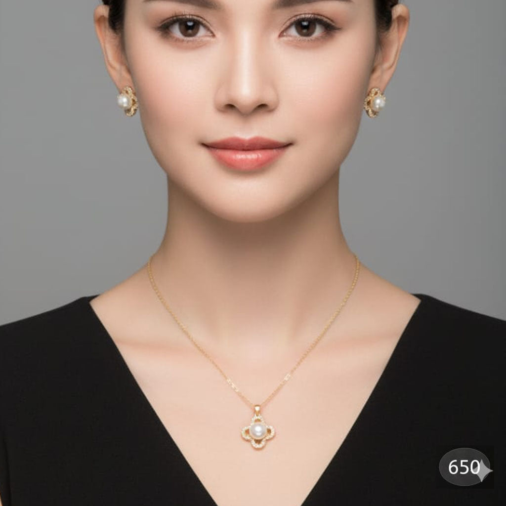 Sterling Silver Quatrefoil Necklace & Pearl Studs – Rs. 650