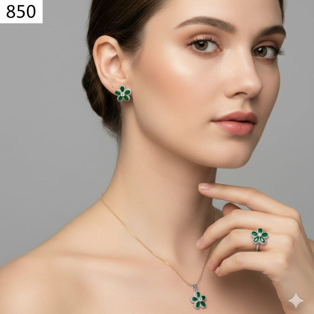 Dainty Floral CZ Pendant & Ring Set – Rs. 850