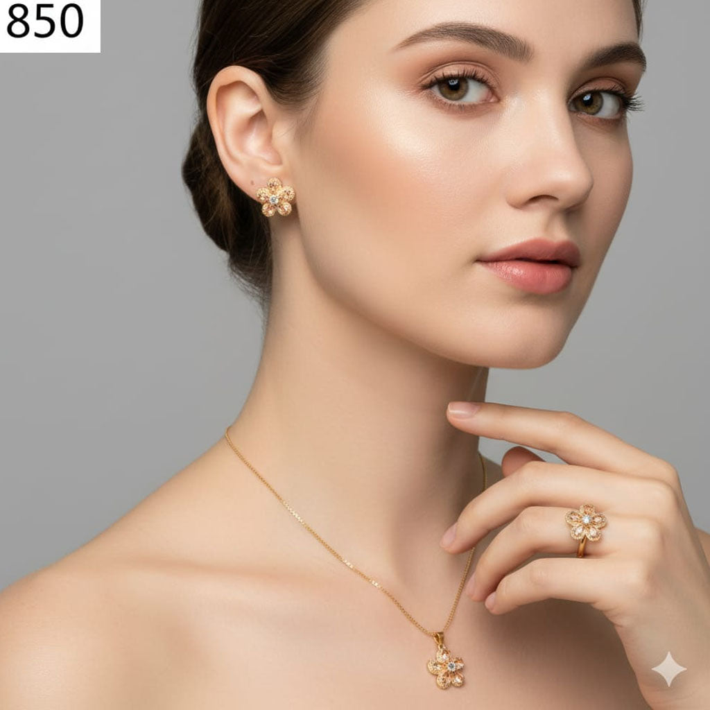 Dainty Floral CZ Pendant & Ring Set – Rs. 850