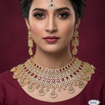 Opulent Gold Tone CZ Pave & Ruby Red Jewellery Set – Rs. 16,450