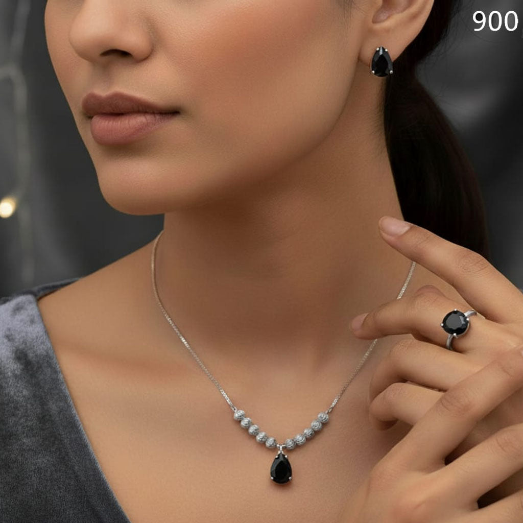 Sleek Black Teardrop Pendant Necklace, Studs, and Ring Set – Rs. 900