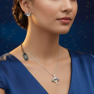 Tree of Life Pendant Necklace & Multi-Color CZ Stud Earrings Set – Rs. 650