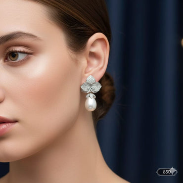 High-End Pave Setting Flower Earrings with Statement Pearl Dangle – Rs. 850