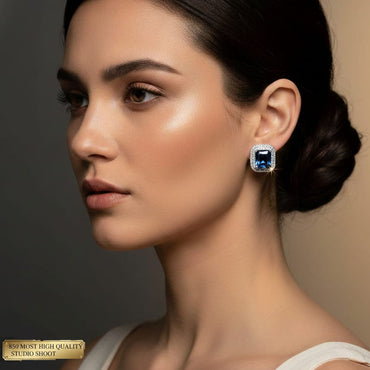 Luxury Sapphire Blue Square Studs with CZ Halo – Rs. 850