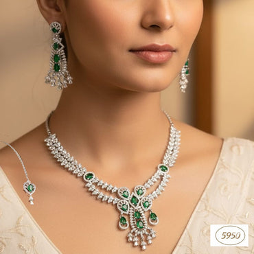 Luxury Emerald Green & CZ Tiered Bridal Set with Tikka – Rs. 5,950
