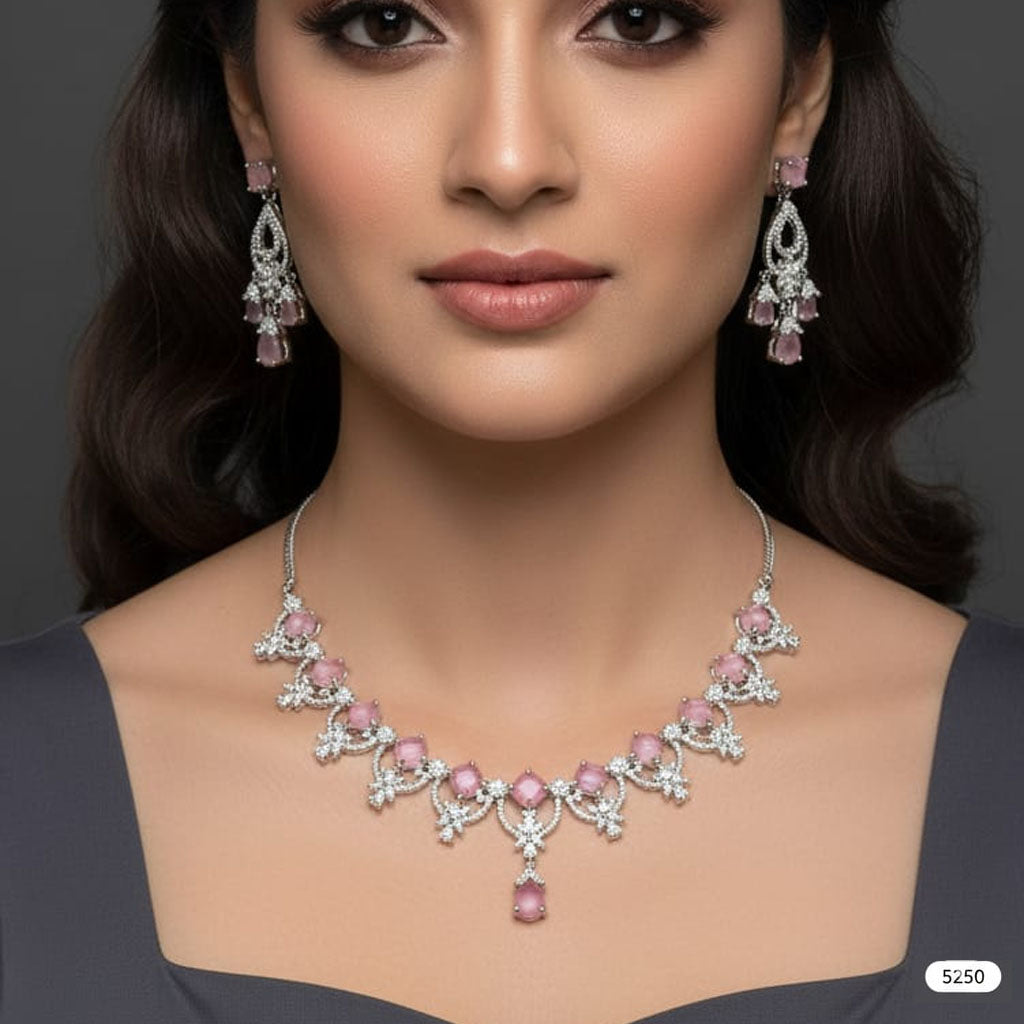 High-End Diamond Simulant Pink Stone Evening Set – Rs. 5,250