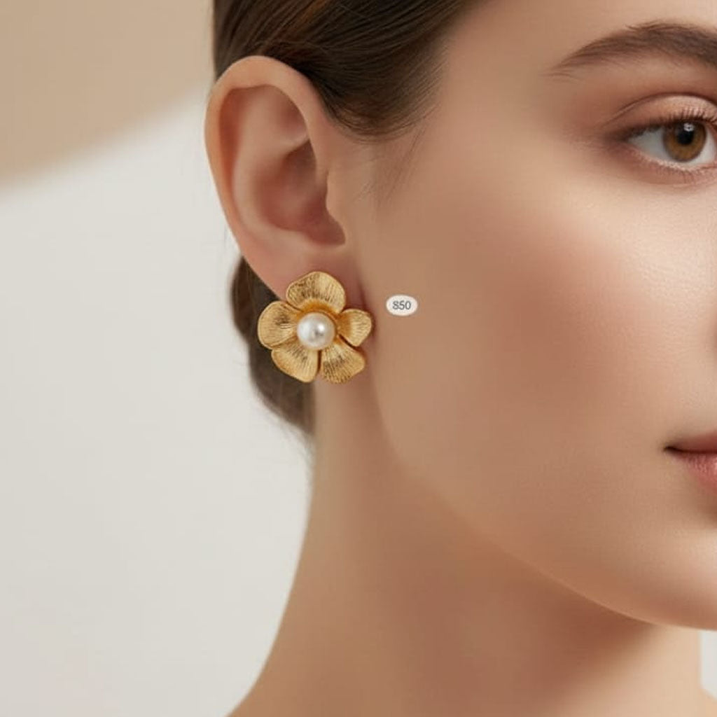 Contemporary Textured Petal & Faux Pearl Studs – Rs. 850