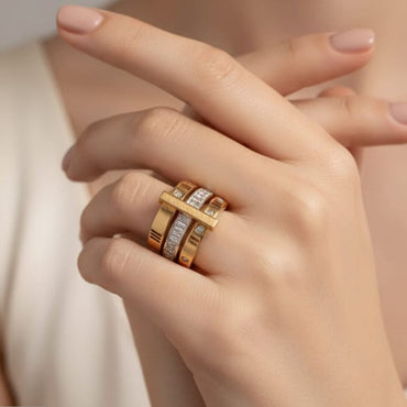 Designer Inspired Intersecting Bar Crystal Cocktail Ring – Rs. 2,450