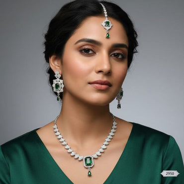 Designer Inspired Princess Cut CZ & Emerald Green Festive Set – Rs. 2,950