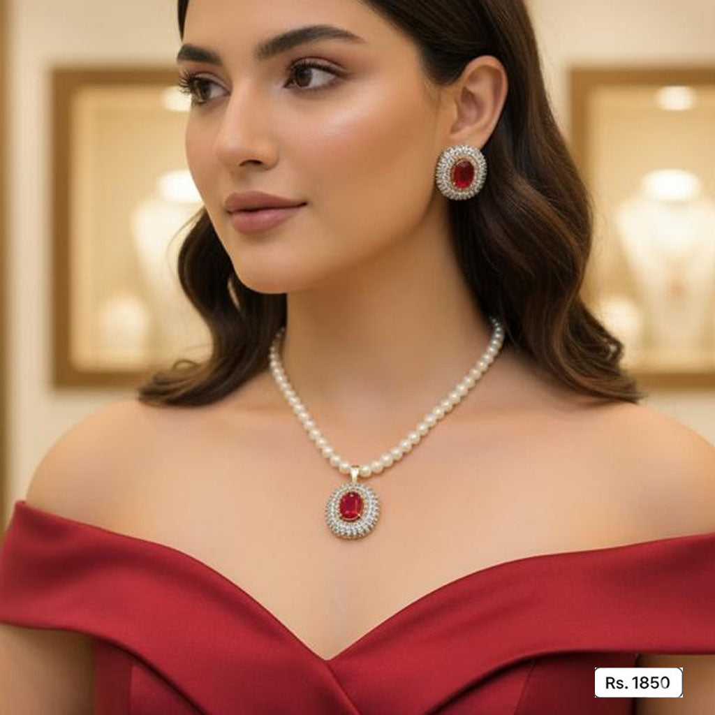 Classic Pearl & Red Crystal Pendant Set – Rs. 1,850