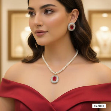 Classic Pearl & Red Crystal Pendant Set – Rs. 1,850