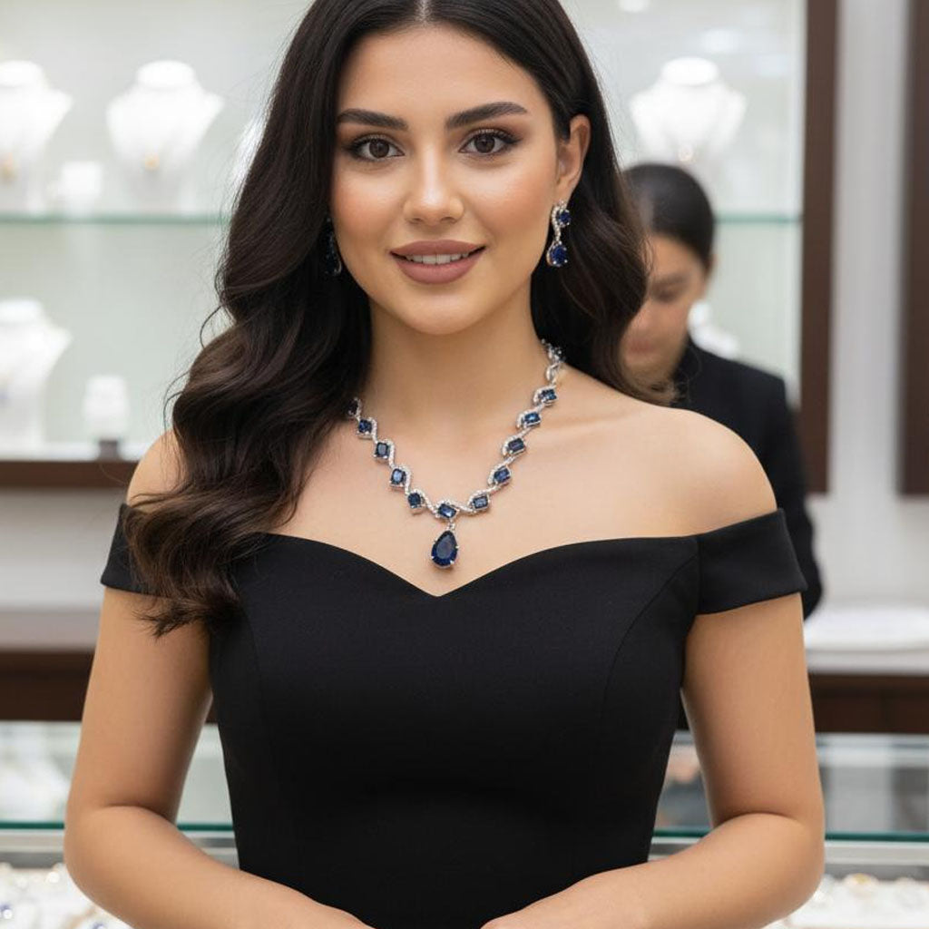 Chic Blue Crystal Link Necklace and Drop Earring Set – Rs. 2,950